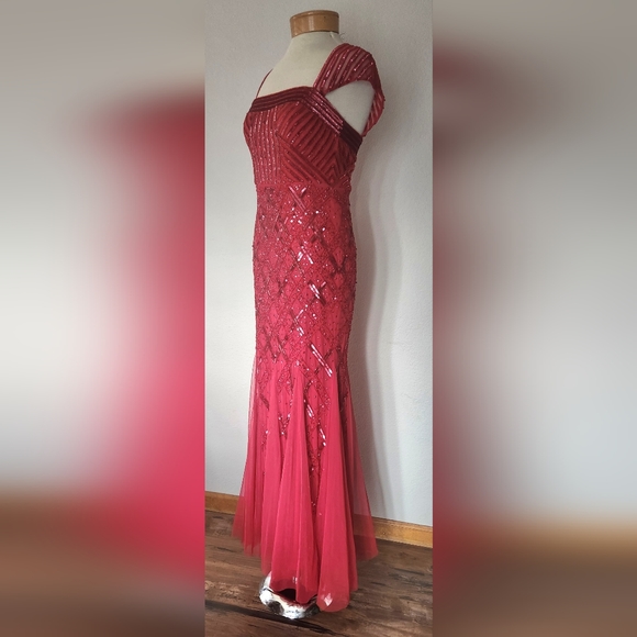 Beaded Adrianna Papell Cap Sleeve Square Neck Claret Red Dress Gown 6p - Picture 4 of 16